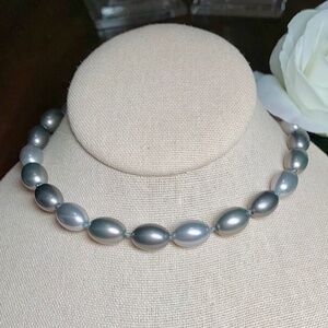 Monet Vintage Hand Knotted Faux Pearl Elongated Gray Beaded Necklace